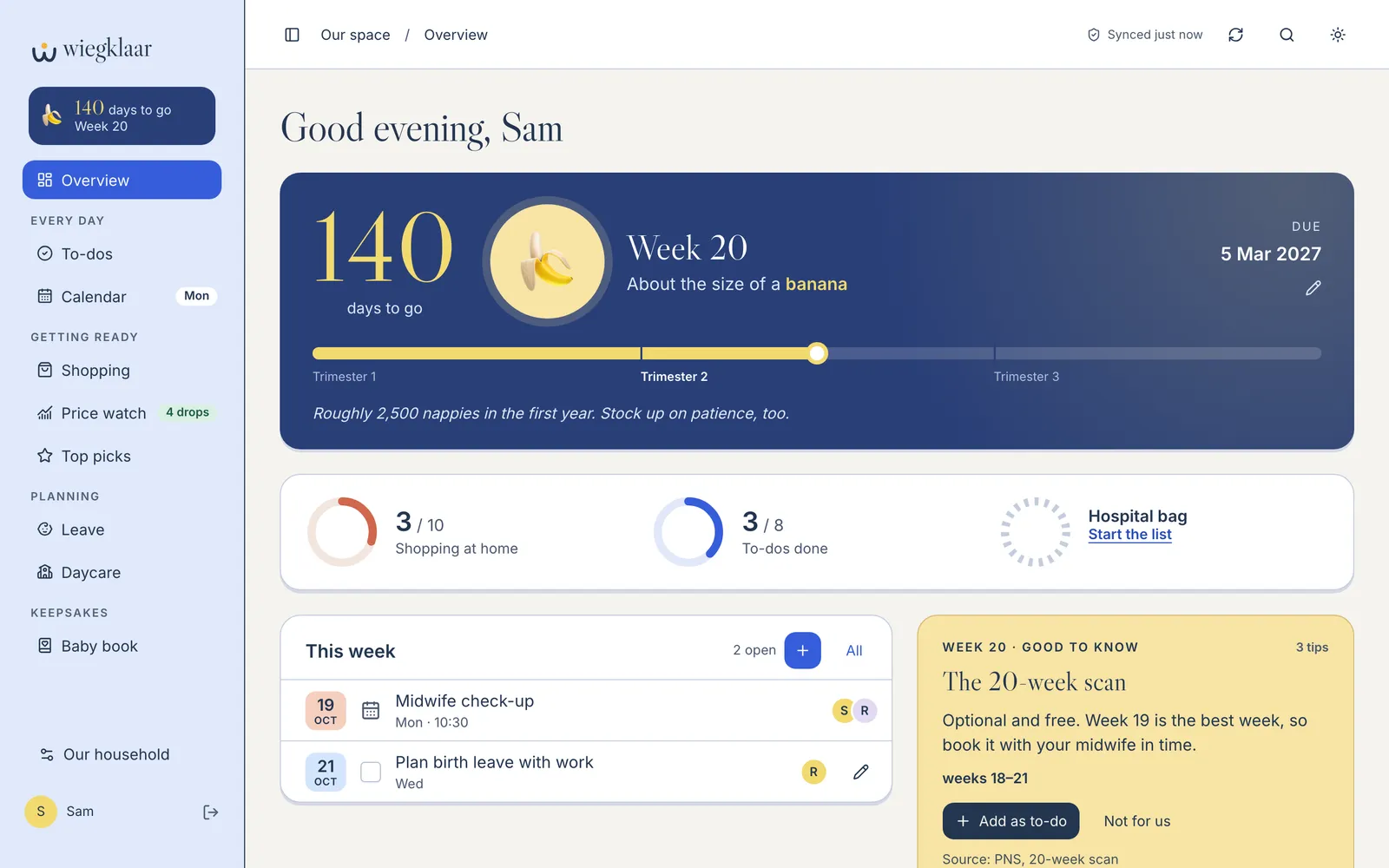 Het overzicht in de browser: nog 140 dagen, week 20, de controle bij de verloskundige deze week